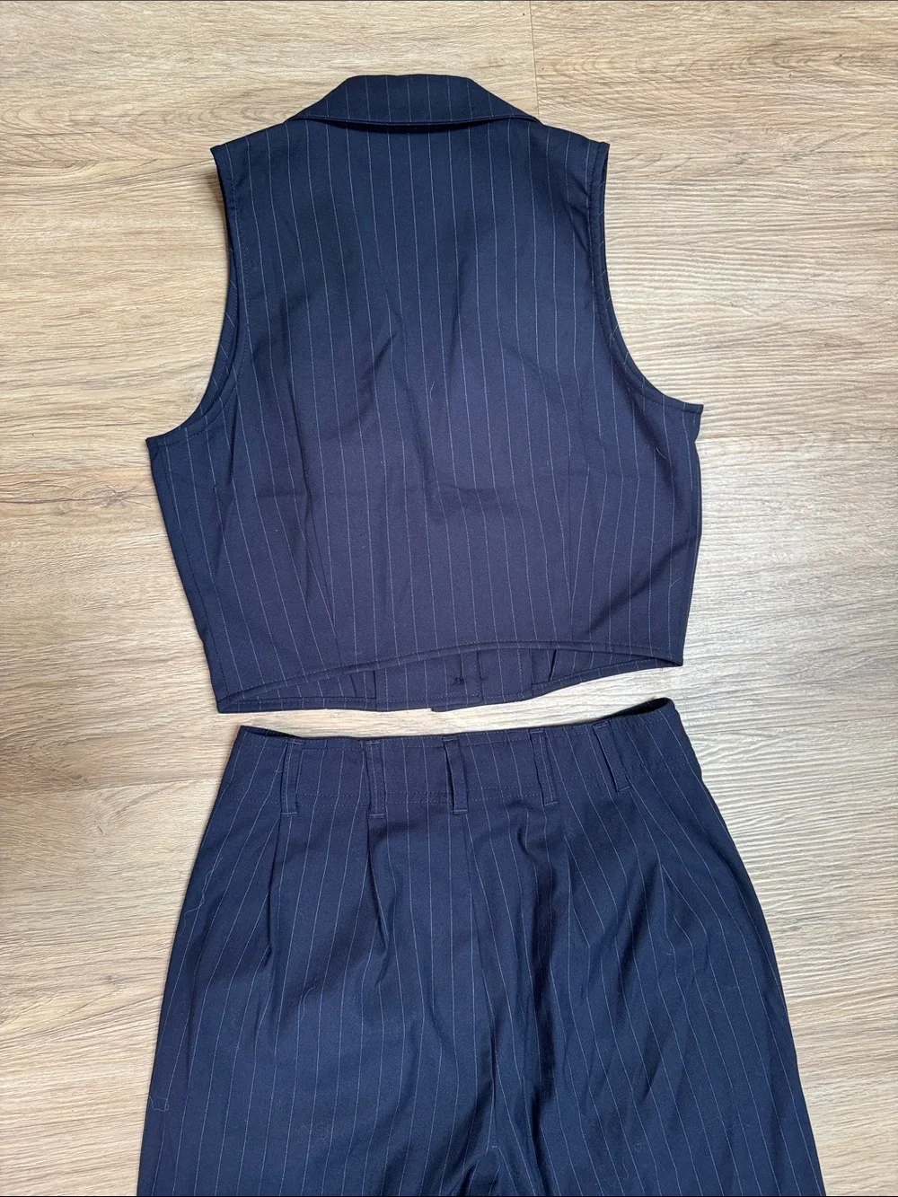 VENUS Navy Pinstripe Wide-Leg Pants with Matching Cropped Vest